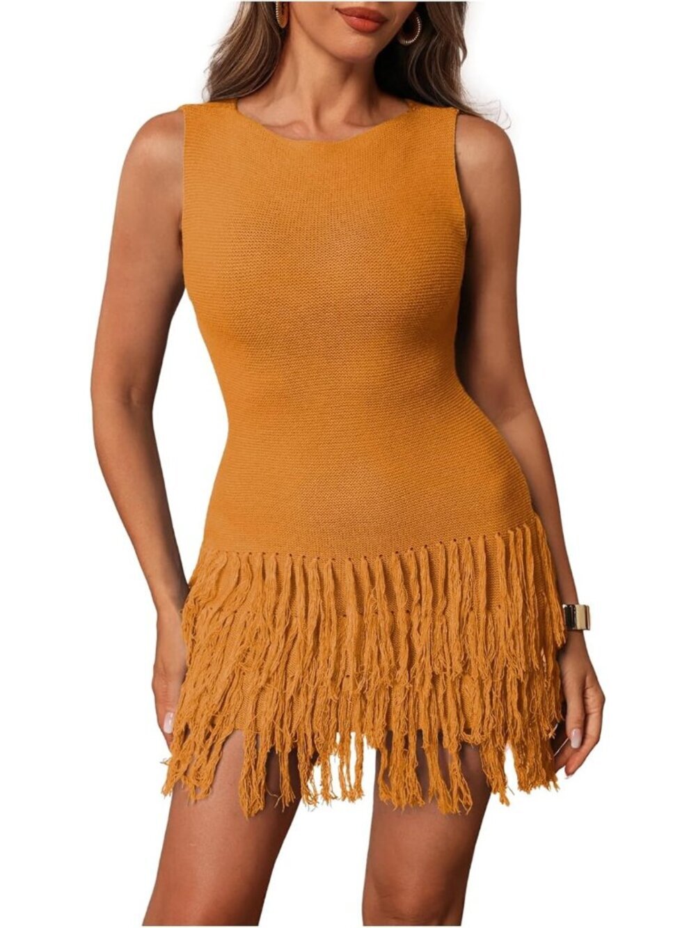 Women's Orange Sleeveless Mini Crew Neck Bodycon Knit Fringe Party Club Dress